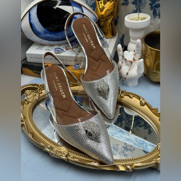 🆕 KURT GEIGER LONDON 🧿 NWOB Belgravia Vinyl 65 Slingback Heels, Silver, Sz 7.5 - Picture 6 of 14